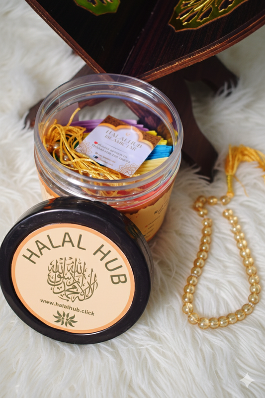 Quran Jar – handcrafted glass jar with 30 or 60 Quranic message scrolls in Urdu and English translation. Beautiful Islamic gift for Ramadan, Eid, and daily Quran inspiration. Premium packaging with ribbon and tag – perfect spiritual home decor.