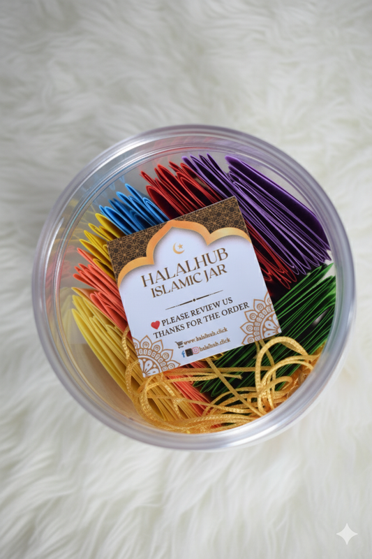 Quran Jar – handcrafted glass jar with 30 or 60 Quranic message scrolls in Urdu and English translation. Beautiful Islamic gift for Ramadan, Eid, and daily Quran inspiration. Premium packaging with ribbon and tag – perfect spiritual home decor.