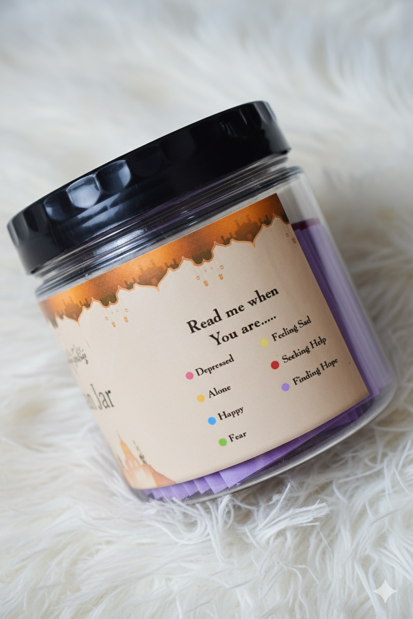Quran Jar – handcrafted glass jar with 30 or 60 Quranic message scrolls in Urdu and English translation. Beautiful Islamic gift for Ramadan, Eid, and daily Quran inspiration. Premium packaging with ribbon and tag – perfect spiritual home decor.